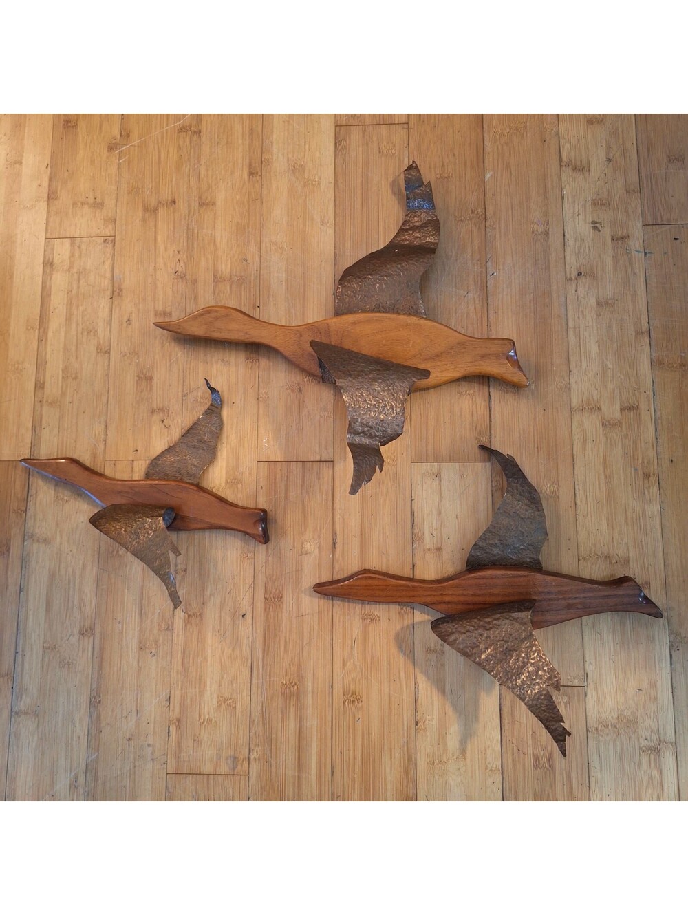 VTG MCM Bird Wall Art 3pc Set Masketeers Geese Wood Teak Hammered Copper Wings